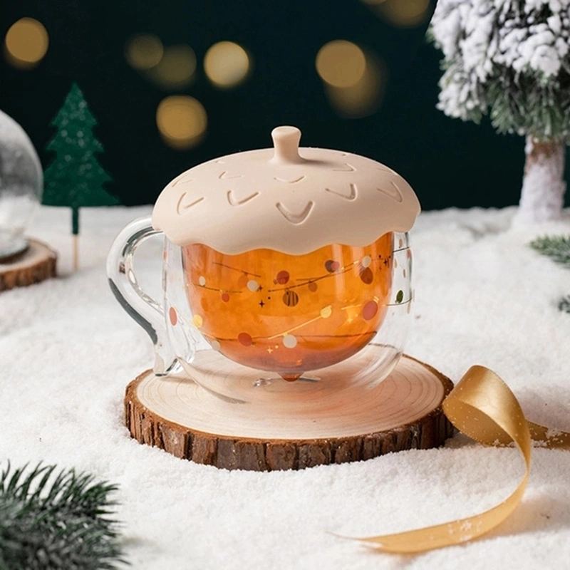 Promotional Double Wall Cartoon Christmas Milk Coffee Beer Tea Glass Cup Mug with Handle and Silicone Lid