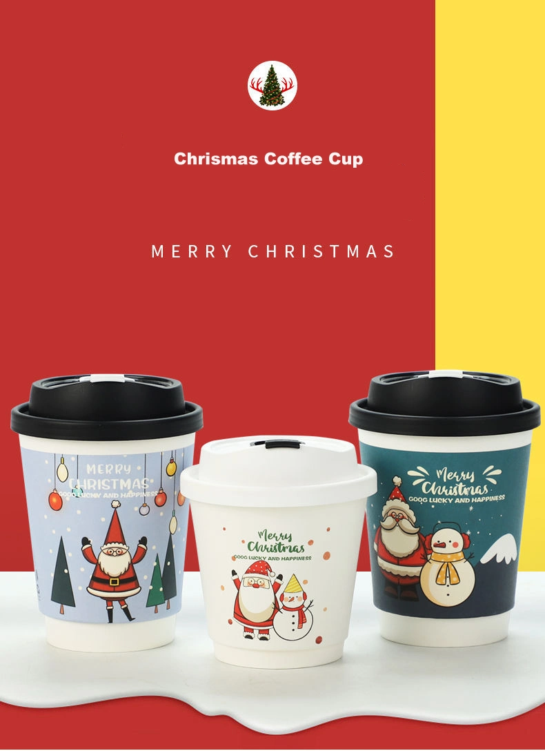 Manufacturer Custom PLA Coated Disposable Coffee Cup 6 8 12 16oz Christmas Paper Cups Christmas Decoration Tableware Paper Cup