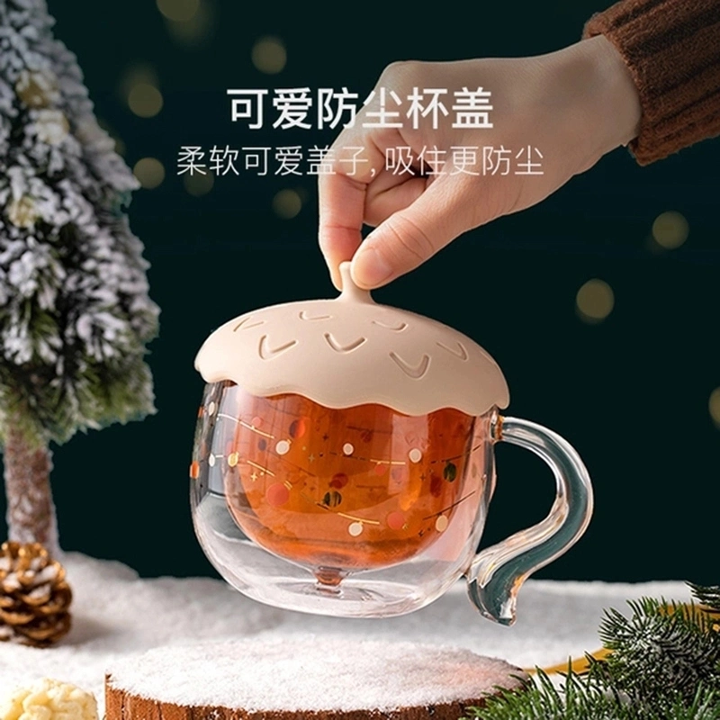 Promotional Double Wall Cartoon Christmas Milk Coffee Beer Tea Glass Cup Mug with Handle and Silicone Lid